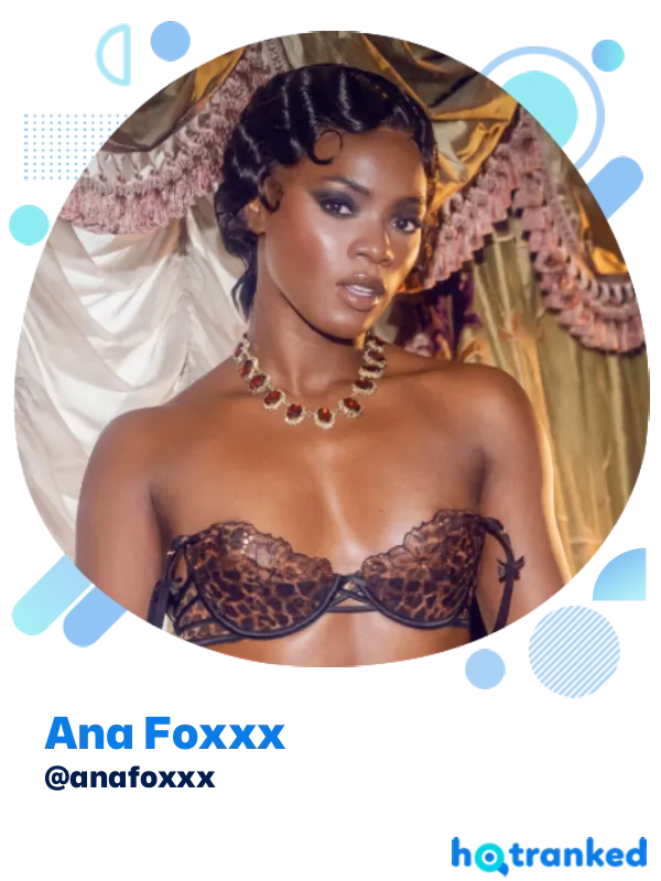 dark-skinned Ana Foxxx posing in leopard print lingerie