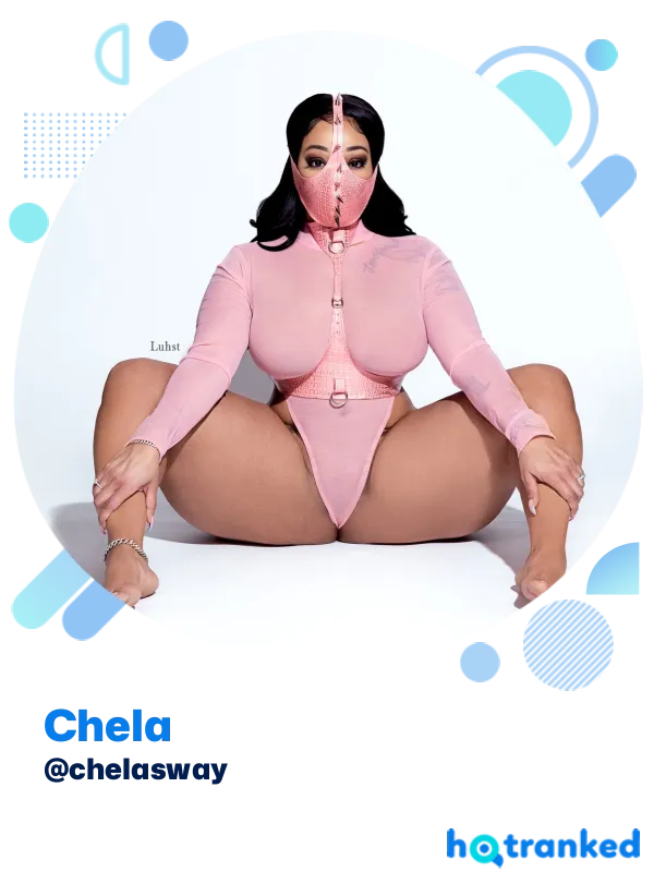 black beauty model Chela posing in pink lingerie with face mask