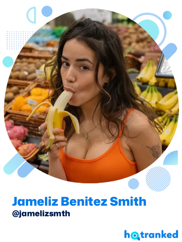 Jameliz Benitez Smith eating banana at fruit market