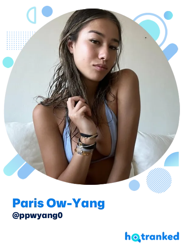 relaxed Paris Ow-Yang posing in blue bikini top
